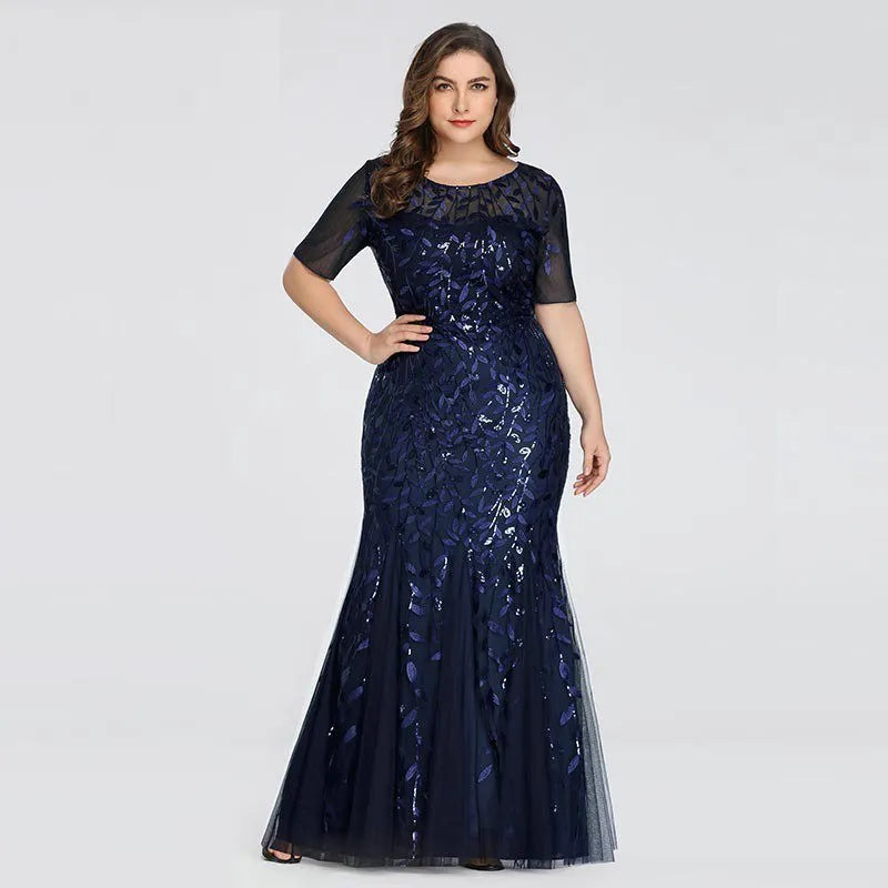 2023 Plus Size Sequin Mesh Mermaid Slim Evening Dress Beaded Leaves Pattern Formal Women Elegant Party Prom Gowns Short Sleeve